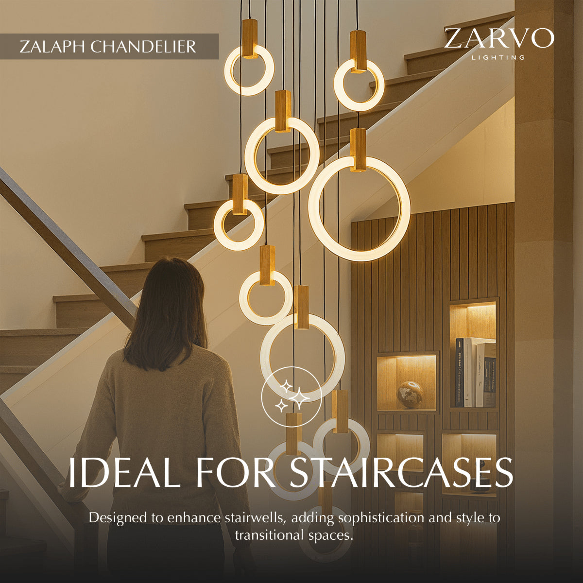 Aurora Loop Chandelier With Acrylic Ring Heads And Wooden Base