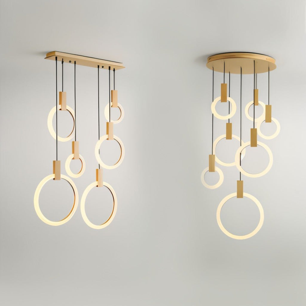 Aurora Loop Chandelier With Acrylic Ring Heads And Wooden Base
