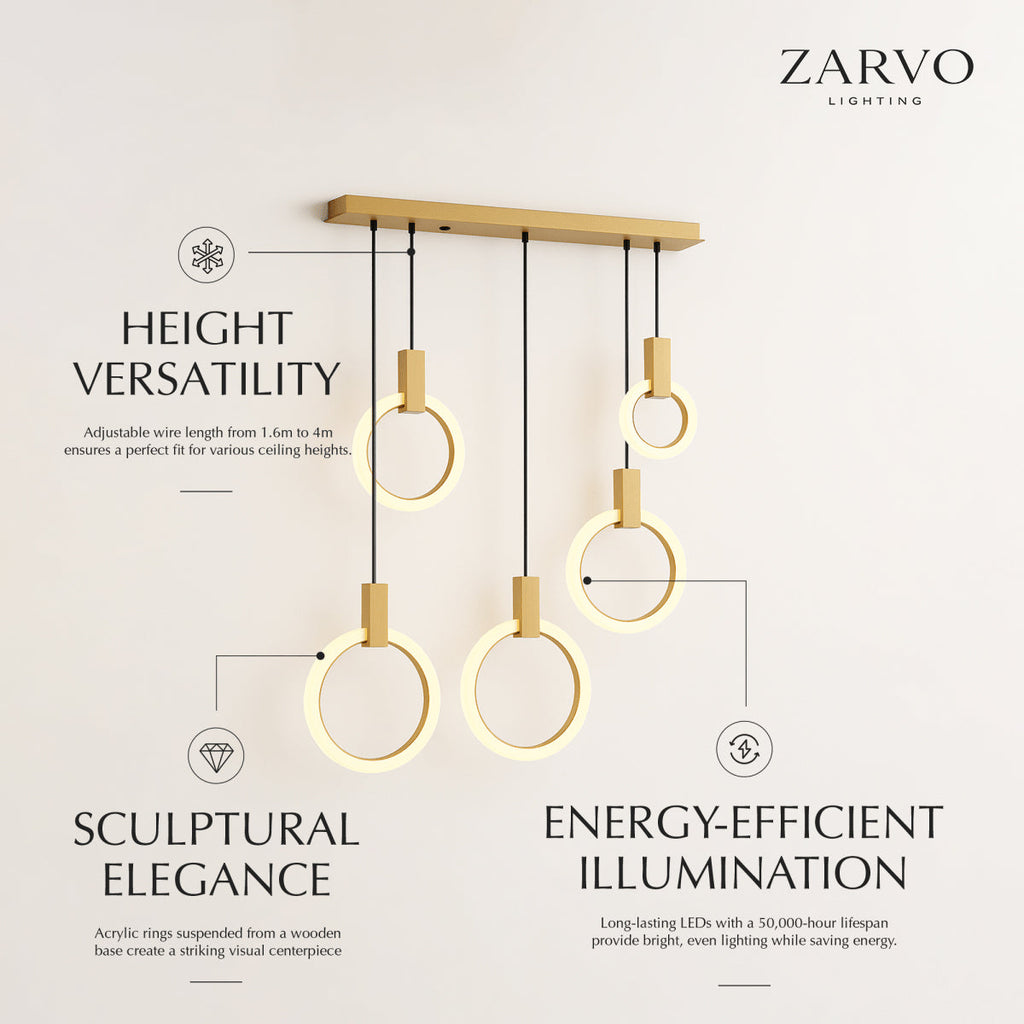Aurora Loop Chandelier With Acrylic Ring Heads And Wooden Base