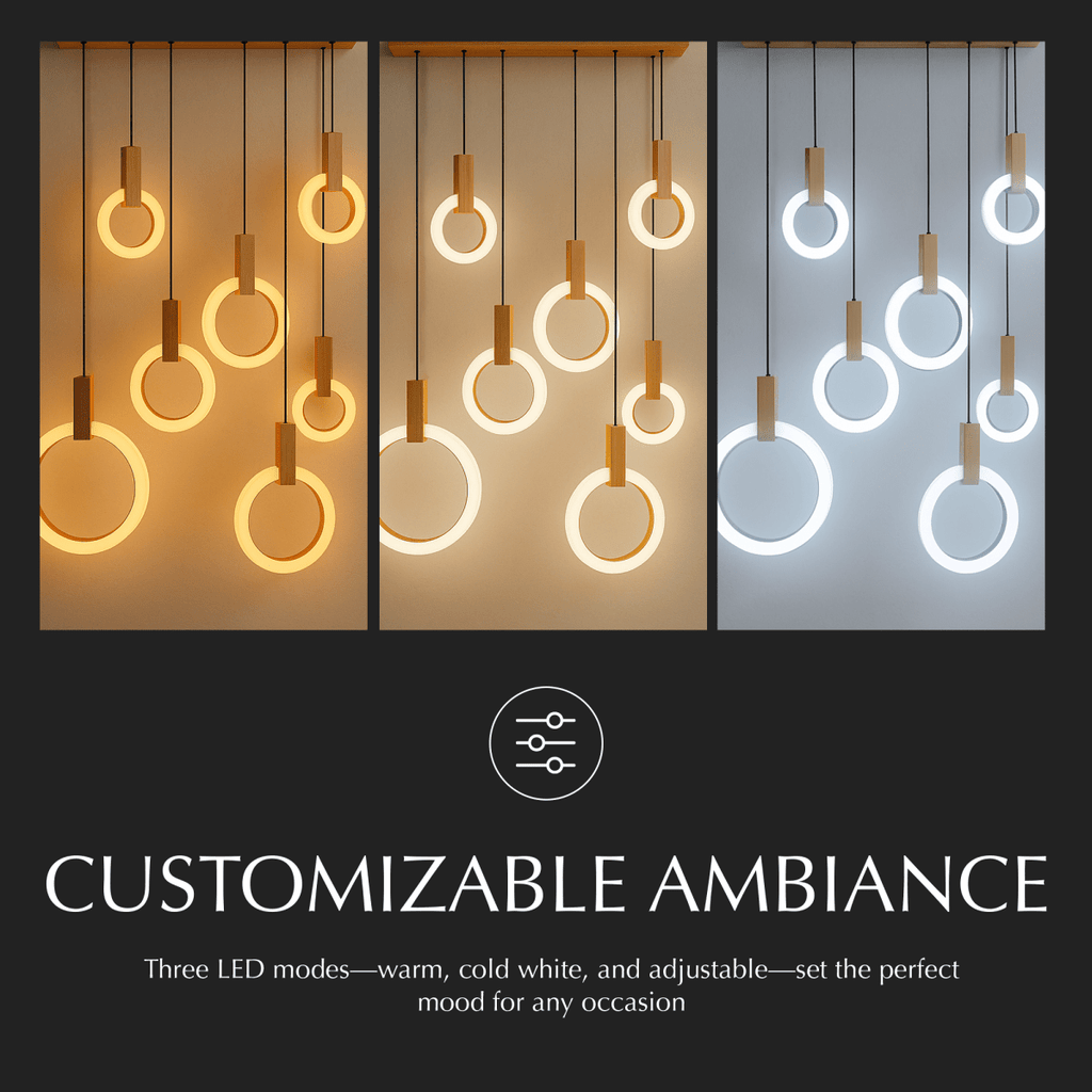 Aurora Loop Chandelier With Acrylic Ring Heads And Wooden Base