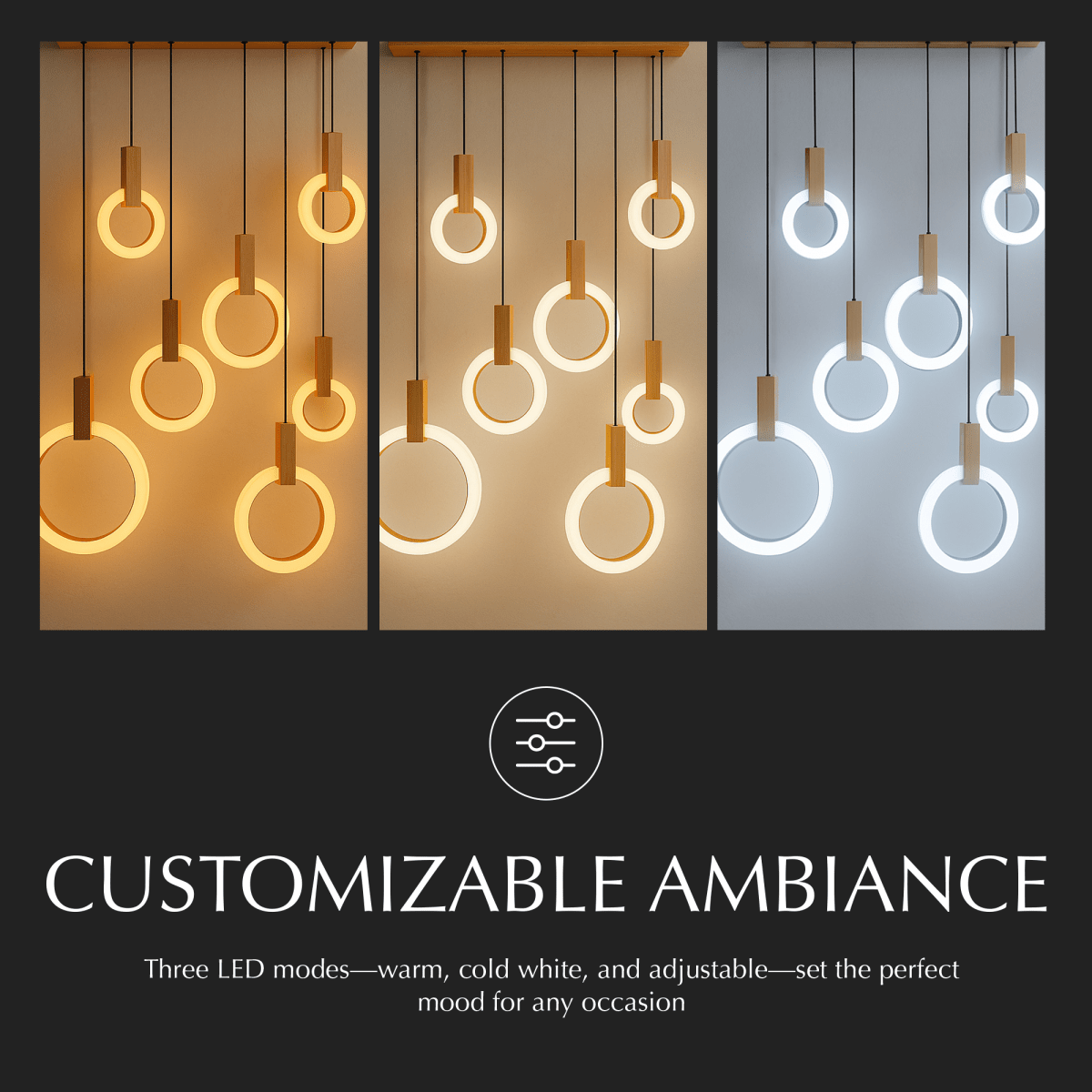 Aurora Loop Chandelier With Acrylic Ring Heads And Wooden Base