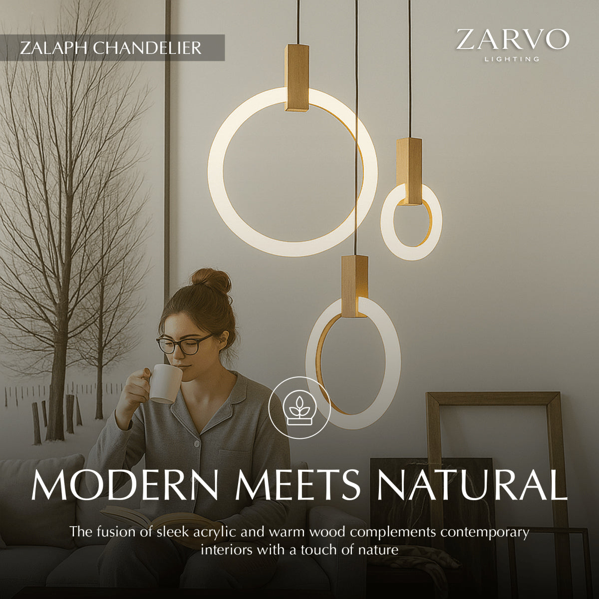 Aurora Loop Chandelier With Acrylic Ring Heads And Wooden Base