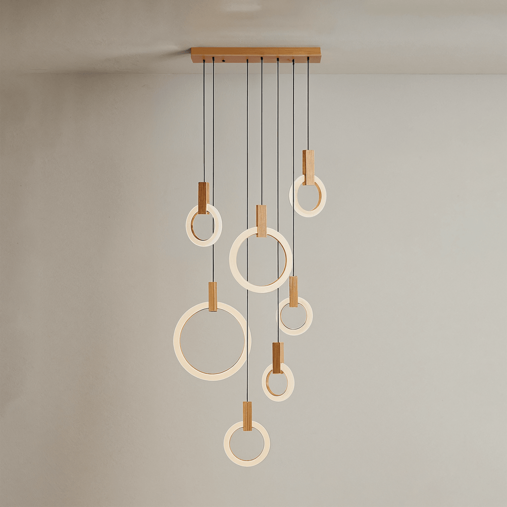 Aurora Loop Chandelier With Acrylic Ring Heads And Wooden Base
