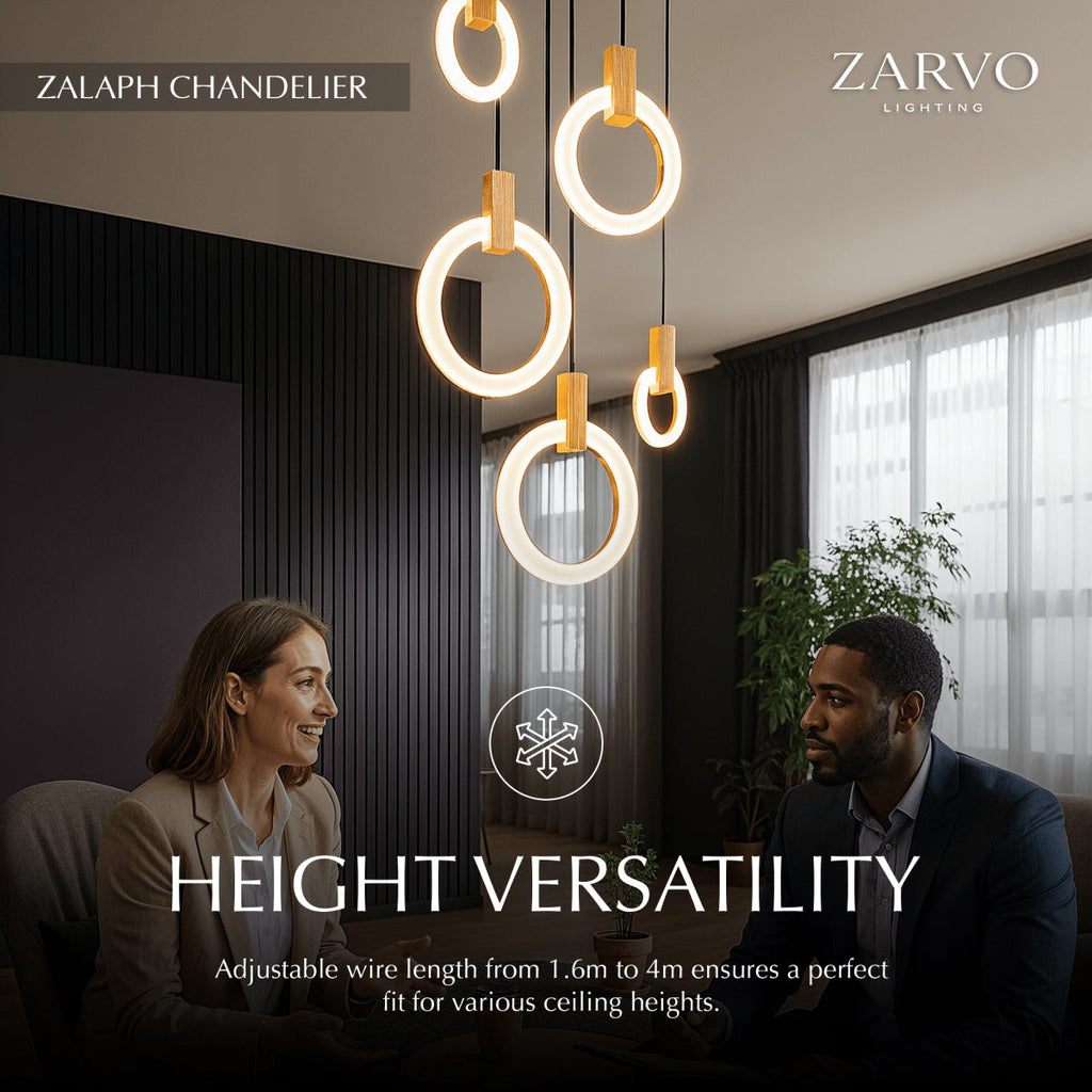 Aurora Loop Chandelier With Acrylic Ring Heads And Wooden Base