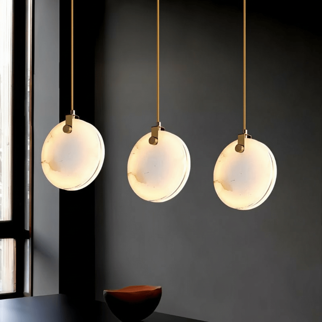 Lampada a sospensione Solara Sfera in alabastro con sospensione in rame e ottone