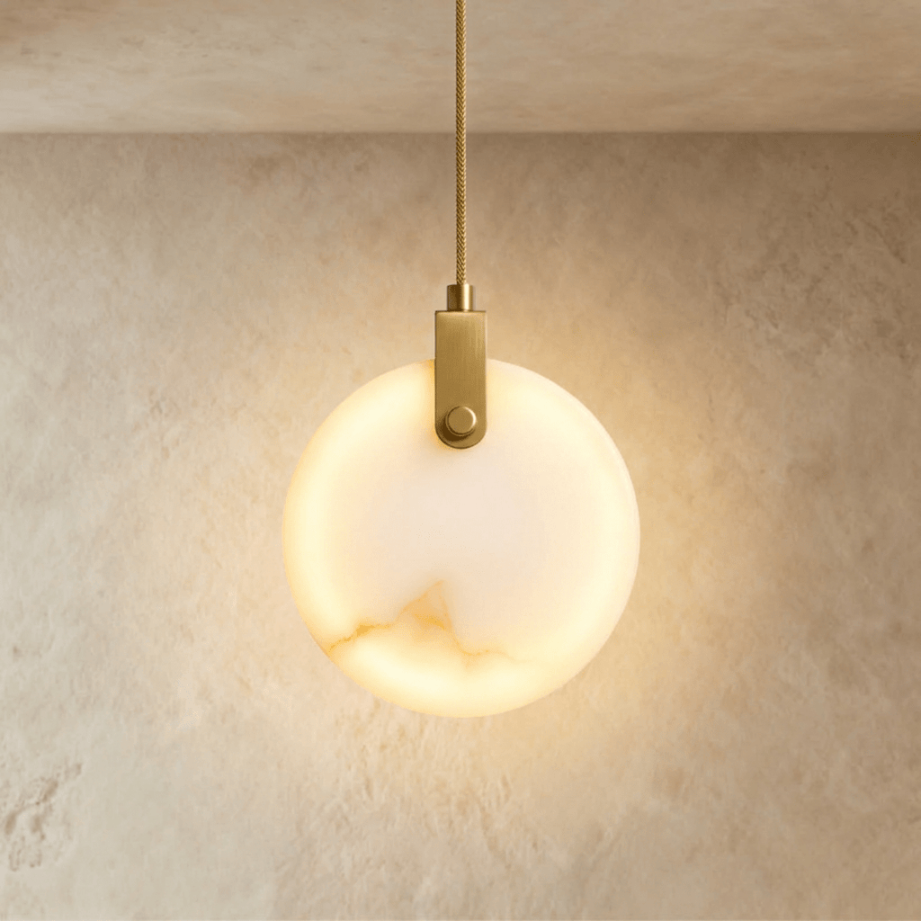 Lampada a sospensione Solara Sfera in alabastro con sospensione in rame e ottone