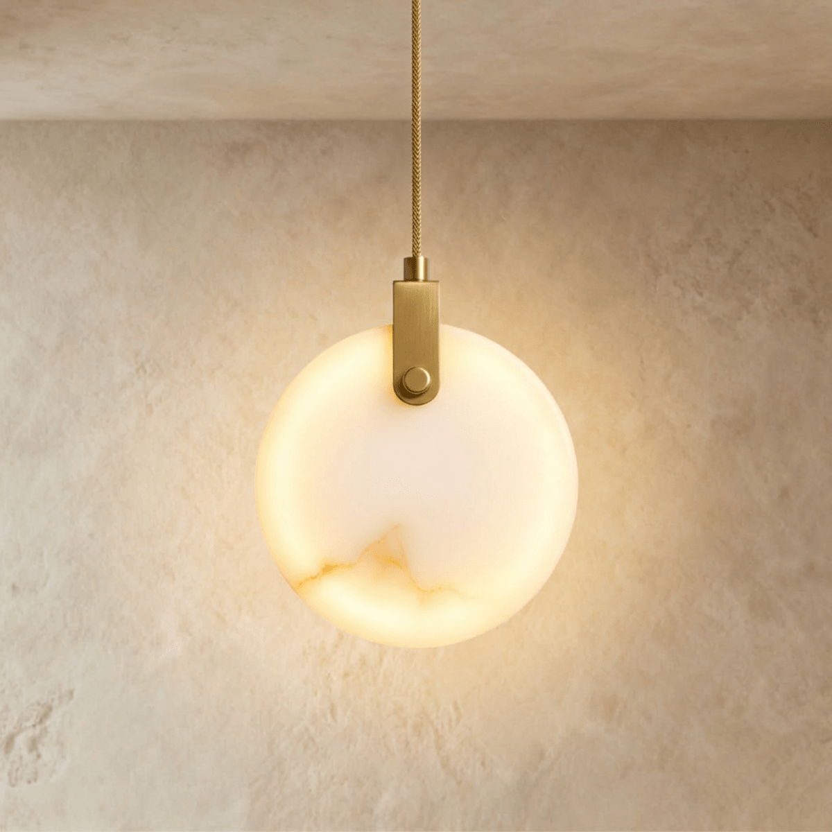 Lampada a sospensione Solara Sfera in alabastro con sospensione in rame e ottone