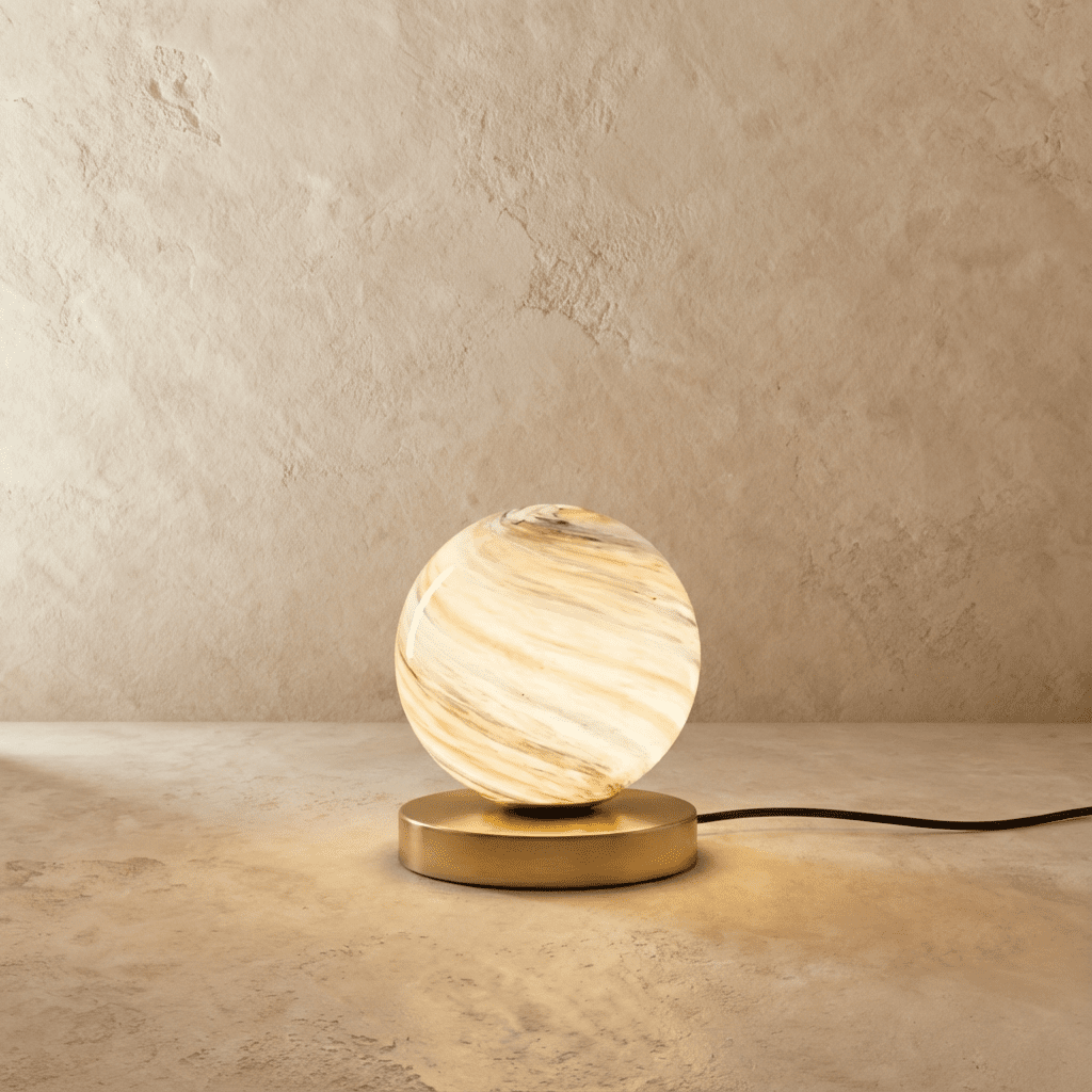 Lampada da tavolo Aurora in ottone con globo in vetro marmorizzato per un bagliore moderno e accogliente