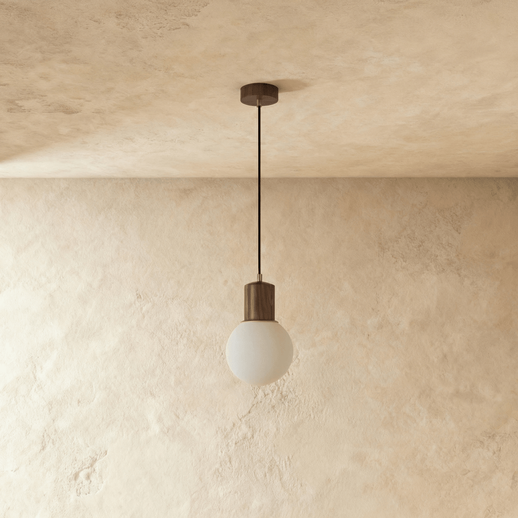 Lámpara colgante LumaWood Orb con soporte de madera para interiores escandinavos modernos