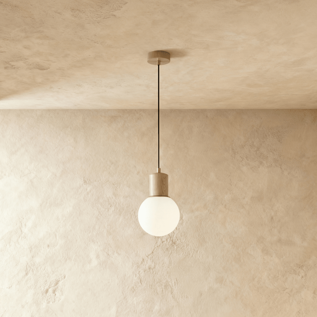 Lámpara colgante LumaWood Orb con soporte de madera para interiores escandinavos modernos