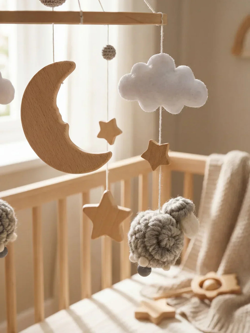 Mobile in legno per lettino con pecorelle, per giochi sensoriali e sonno